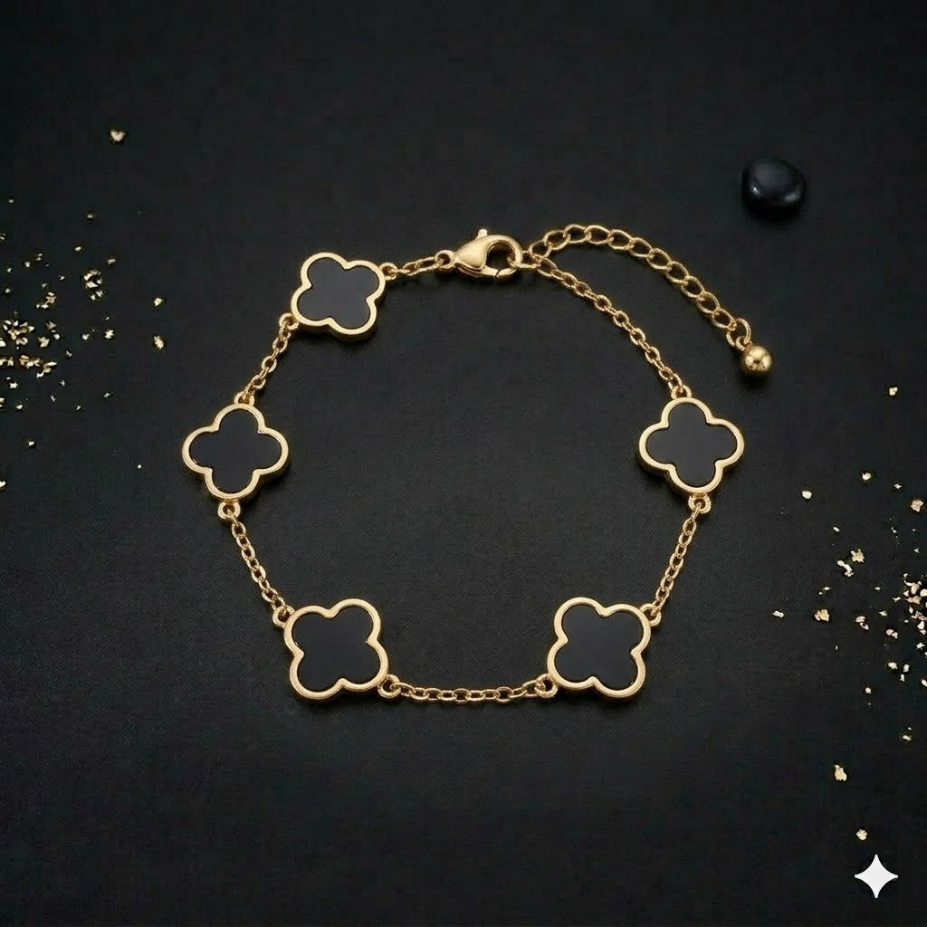 Brățara Plăcată cu aur 14k trifoi negru (Reglabilă)